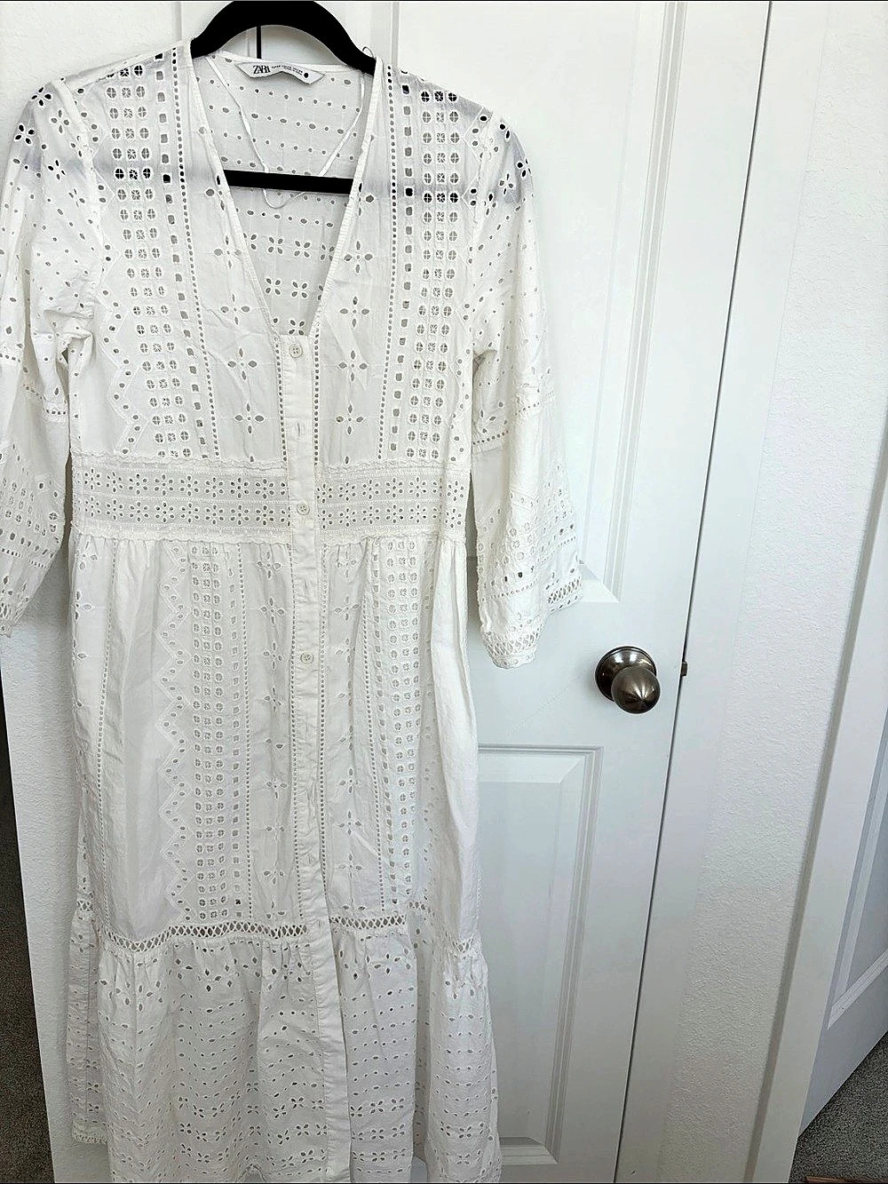 Zara White Eyelet Button-Front Midi Shirt Dress White Medium